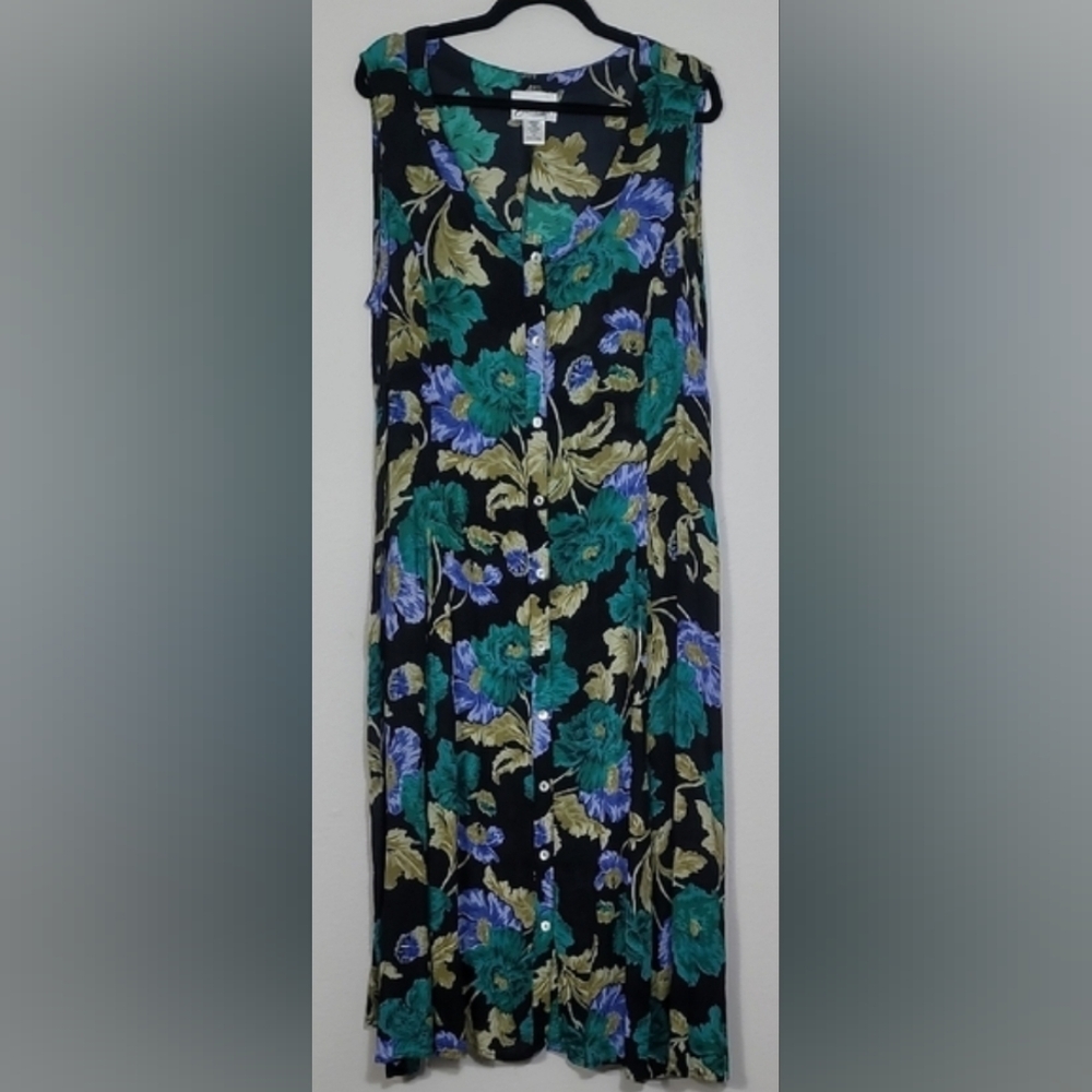 Vintage Floral Crinkle Maxi Dress Size XL 1X Pockets Button Front Sleeveless Y2K